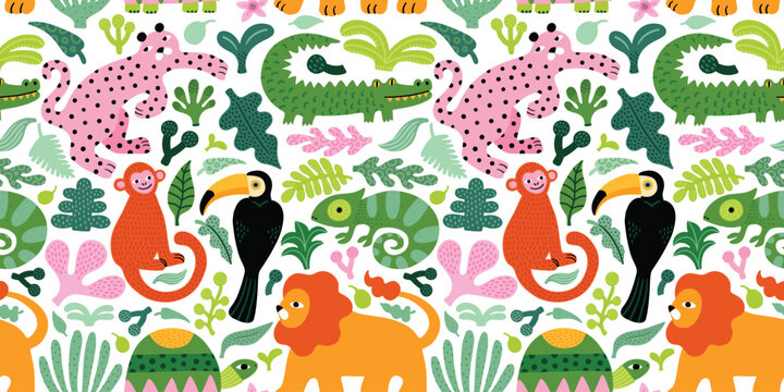 Seamless jungle pattern with lion, monkey, leopard, crocodile, toucan, tropical leaves. Bright cute funny  summer illustration, white background, green and pink colors. Vector seamless texture.