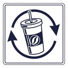 A stylized graphic icon representing a disposable coffee cup with a straw and a circular arrow symbol indicating reuse or recycling set against a clean white background