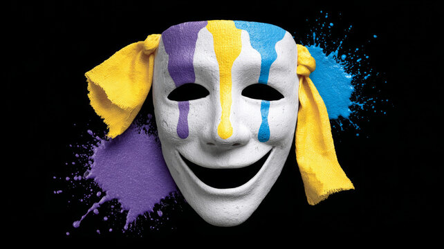 Colorful theatrical mask with paint splashes on black background.