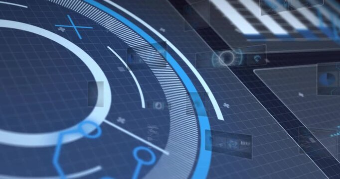 Circular HUD reacting to outer ring starting sweep, animating tiles and pointer, stabilizing UI