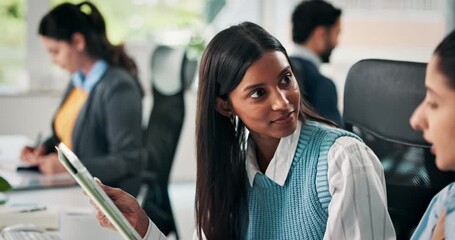 Creative, women and talk with tablet in office for training, copywriting advice and story submission. People, team and mentorship with digital for proofreading, review newsletter and publication tips - Powered by Adobe