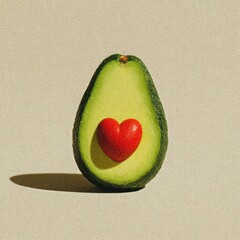 Healthy Heart Concept With Avocado and Red Heart Seed. Perfect for nutrition campaigns, vegan promotions, wellness branding, and Valentine’s-themed food content.