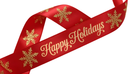 Festive red ribbon with golden snowflakes and Happy Holidays greeting for elegant Christmas gift wrapping and seasonal designs isolated on white background