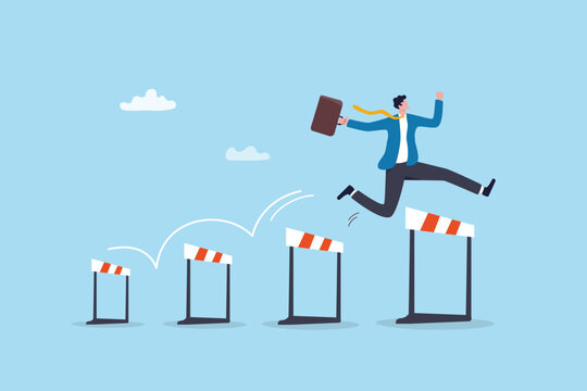Entrepreneur overcome hurdle obstacle challenge, progress over business barrier, ambition or solution to solve problem, determination or leader, businessman entrepreneur jump hurdling over obstacles.