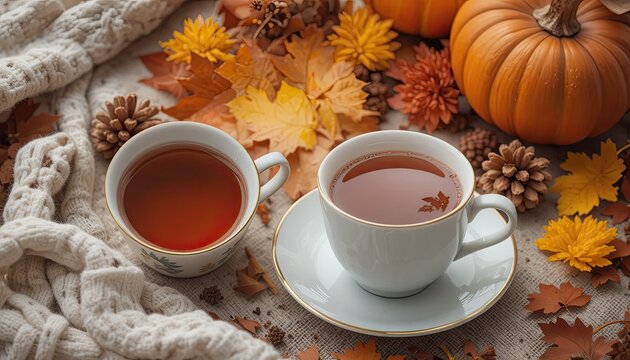 A comfortable arrangement that highlights the spirit of fall with a cup of tea, fall foliage, and cozy seasonal décor.  Ideal for themes involving warm times, seasonal shifts, or autumnal moods.