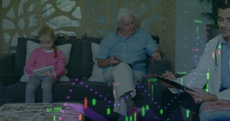 Child tapping tablet sparking data overlay camera panning right doc reading notes for health visit - Powered by Adobe