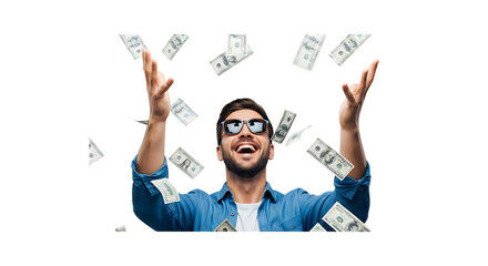 Man in Sunglasses Throwing Money in the Air on Black Background dollars US dollars isolated on a transparent background