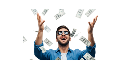 Man in Sunglasses Throwing Money in the Air on Black Background dollars US dollars isolated on a transparent background