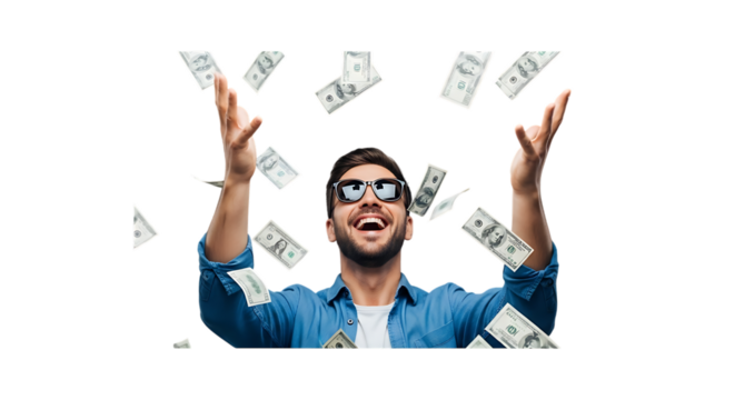 Man in Sunglasses Throwing Money in the Air on Black Background dollars US dollars isolated on a transparent background