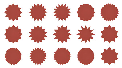 Diverse shapes of terracotta starburst seals for creative designs and promotional graphics that make your message pop with visual flair isolated on white background