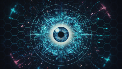 Advanced biometrics approval system featuring human eye scan transforming into digital matrix.