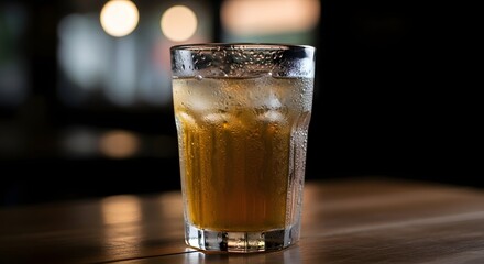 Close-up Shot of a Cold Iced Tea or Whiskey Cocktail in a Sweating Glass with Ice Cubes, Set on a Wooden Bar Counter Against a Dark, Blurry Background