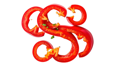 Artistic close-up of a sliced red pepper arrangement on black backdrop