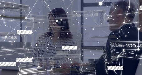 Woman starting talk and gesturing in business talk while moving nodes overlaying scene sealing deal - Powered by Adobe