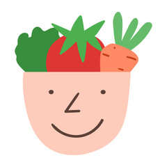 Healthy Mind Concept. Minimal vector illustration of smiling head with growing vegetables. Icon for mental health, vegan lifestyle and wellness blog.
