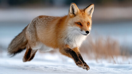 Red fox running across snowy landscape in winter.