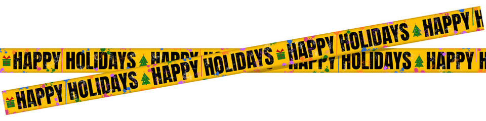 Yellow Caution Tape with Bold Black &ldquo;Happy Holidays&rdquo; Text &ndash; Festive Holiday Banner with Christmas Tree and Gift Icons and Multicolored Paint Splatter on Transparent Background