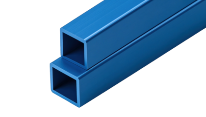 Two blue, square metal tubes lie stacked, angled to the right, against black