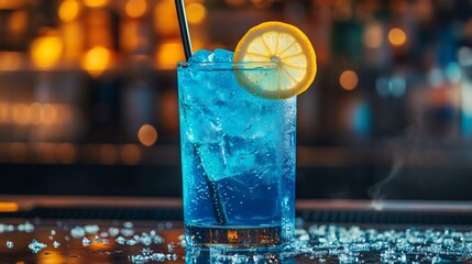 Blue lagoon mocktail crushed ice lemon slice bar counter background cinematic lighting summer refreshment