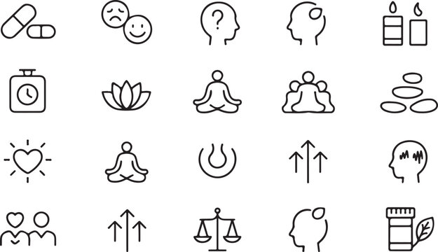 Black outlined wellness icons illustrate mental health and holistic therapy on a transparent background