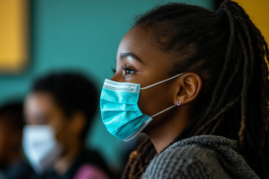 Generative AI image of a student in mask and face shield attending class during pandemic school lecture or exam - Powered by Adobe