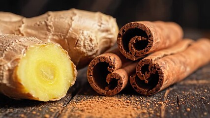 Ginger and Cinnamon Sticks on Rustic Wooden Surface Aromatic Spices for Culinary and Wellness Use CloseUp Still Life with Natural Light and Warm Tones Perfect for Food Blogs and Herbal Remedies.