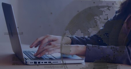 Placing fingers on keys, woman typing on laptop and growing dotted globe overlay for data analysis - Powered by Adobe