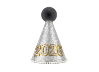 Sparkling 2024 Party Hat: Festive Silver & Gold Celebration Accessory on White Background on white background Isolated on Transparent Background