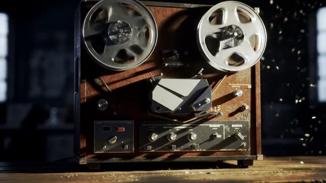 Close-up of a vintage tape recorder on a wooden surface. Metallic reels spin with aged details. Dark lighting adds drama to the retro device