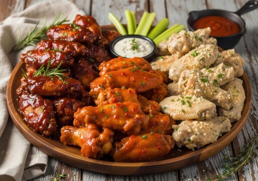 Platter of assorted chicken wings including barbecue, buffalo, and garlic parmesan served with celery and dipping sauce