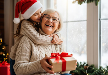 Happy senior woman receiving a Christmas gift from her joyful granddaughter, who is wearing a Santa hat and hugging her from behind near a frosted window.