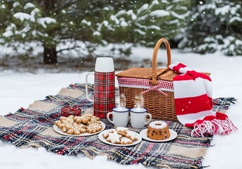 Cozy winter picnic with hot drinks and cookies on a snowy forest blanket