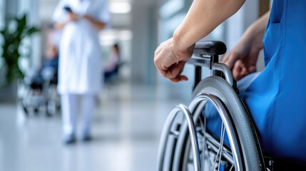 a doctor talking to a patient in a wheelchair on hospital grounds, concept of healthcare support, recovery and trust in medical environment, stock photo style