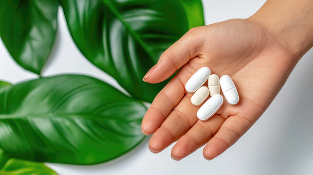 Human hands presenting a selection of vitamin pills and health supplements, emphasizing daily nutrition, holistic well-being, and natural health support in a clean, modern setting