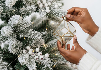 A Black woman's hands in a cozy sweater hang a modern, geometric glass terrarium ornament on a snow-flocked Christmas tree branch with white berries and lights.