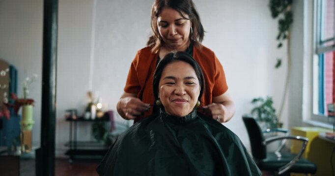 Woman, hairdresser and client at salon, smile or prepare with talk, hair removal and conversation at small business. People, customer and chat with cover, happy and choice for hairstyle at parlor