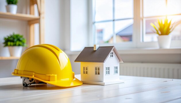 Safety First Miniature House & Hard Hat Illustrating Home Construction & Inspection - A Symbol of Building Regulations and Construction Safety