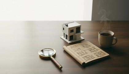 The meticulous process of designing a dream home is shown with an architectural model, detailed floor plans in a notebook, and a magnifying glass for close inspection