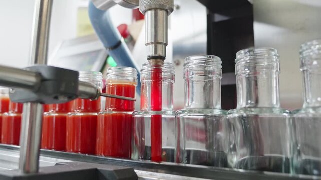 Automated production line filling glass bottles with red hot sauce. Modern robotic equipment in a food factory for bottling tomato ketchup