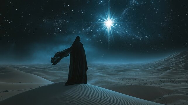Lone figure in desert under bright starry night sky symbolizing journey of faith Christmas Nativity scene