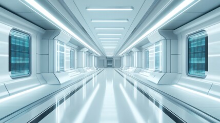 Futuristic sci fi corridor with glowing lights sleek white interior modern spaceship or space station design
