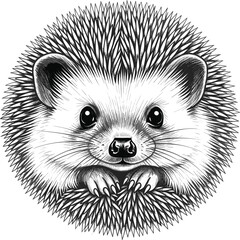 Cute Hedgehog Head Engraving Style Vector Illustration, Featuring Detailed Quills and a Gentle Expression, Ideal for Pet Care, Wildlife, Nature, and Vintage Line Art Designs