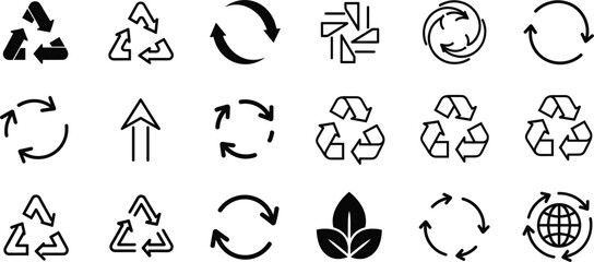 Vector Icon Set of Recycling Symbols and Circular Arrows, Representing Sustainability, Ecology, Environmental Protection, Renewable Resources, and Global Conservation Processes