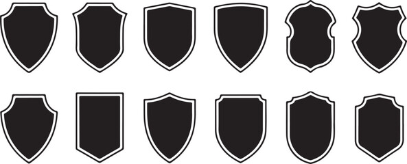 Police badge shape. Vector military shield silhouettes. Security, football patches isolated on white background. Illustration shield shape protection, black security and football badge