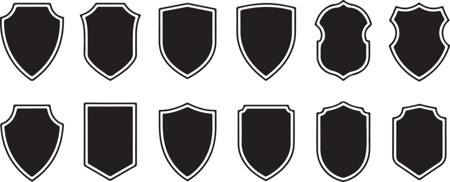 Police badge shape. Vector military shield silhouettes. Security, football patches isolated on white background. Illustration shield shape protection, black security and football badge