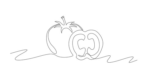 Continuous line drawing of a whole tomato and a sliced tomato. Single-line illustration suitable for organic food themes, fresh produce, cooking ingredients, and culinary design.
