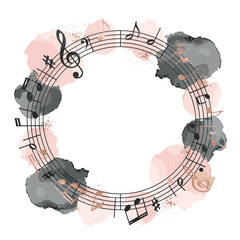 Circular music frame with pink and black watercolor splashes and elegant musical notes