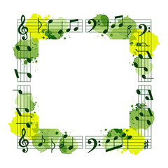 Green watercolor musical notes border with vibrant yellow splashes on white background