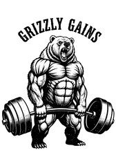 Muscular grizzly bear lifting heavy barbell with fierce expression and &ldquo;Grizzly Gains&rdquo; text