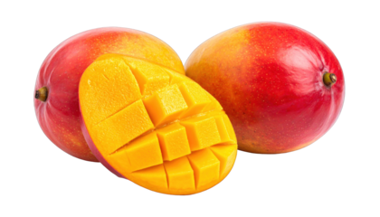 Three ripe mangoes, one cut open to reveal diced fruit, set against black